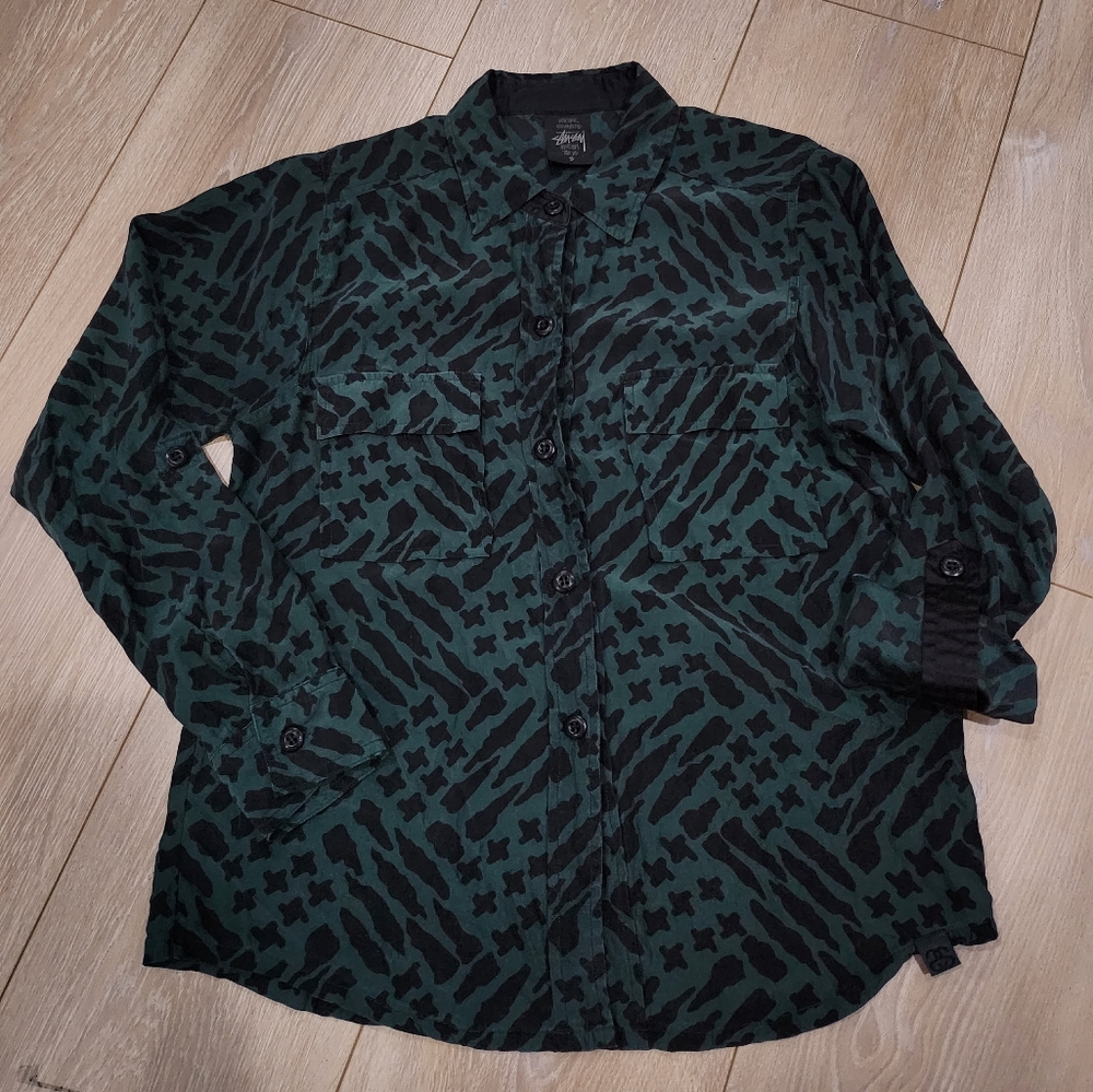 Stussy Green Black Animal Print Silk Button Down Shirt Size Small